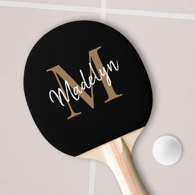 Modern Black Gold Monogram Elegant Script Name Ping Pong Paddle (Creator Uploaded)