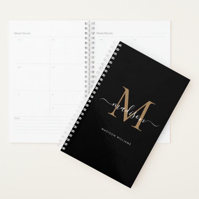 Modern Black Gold Monogram Elegant Script Name Planner (Display)