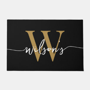Modern Black Gold Monogram Family Name Script Doormat