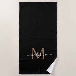 Modern Black Gold Monogram Feminine Chic Script Beach Towel