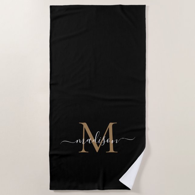 Modern Black Gold Monogram Feminine Chic Script Beach Towel (Front)