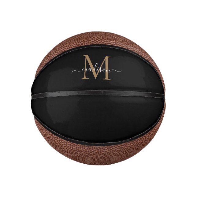 Modern Black Gold Monogram Feminine Girly Script Mini Basketball (Front)