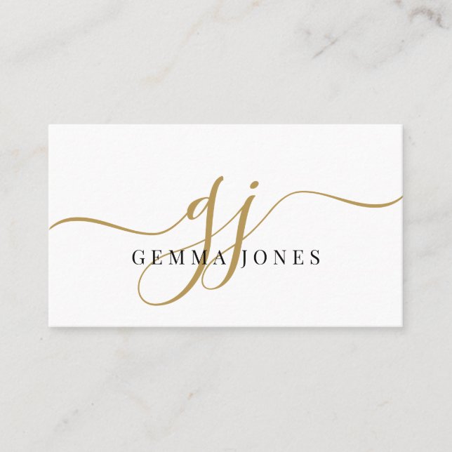 Modern Black Gold Monogram Feminine Script Name Business Card (Front)
