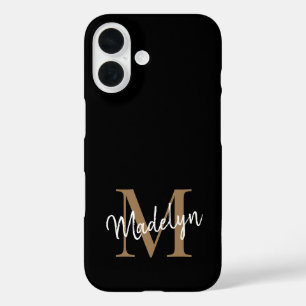 Modern Black Gold Monogram Feminine Script Name iPhone 16 Case