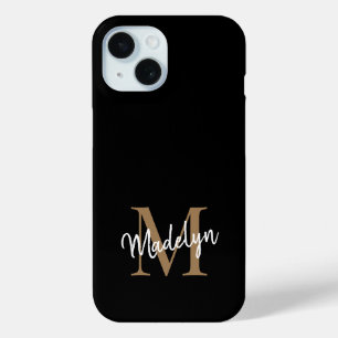 Modern Black Gold Monogram Feminine Script Name iPhone 15 Case