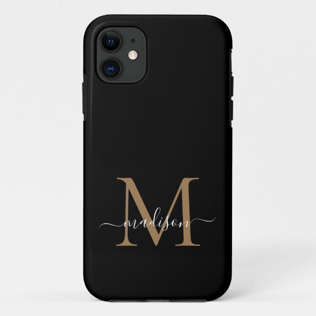 Modern Black Gold Monogram Feminine Script Name iP Case-Mate iPhone Case (Back)