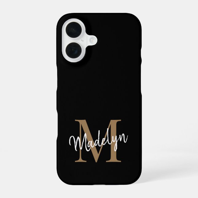 Modern Black Gold Monogram Feminine Script Name iPhone 16 Case (Back)
