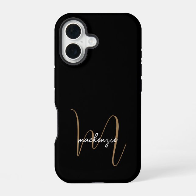 Modern Black Gold Monogram Feminine Script Name iPhone 16 Case (Back)