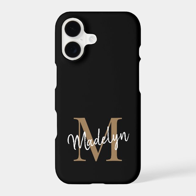Modern Black Gold Monogram Feminine Script Name iPhone Case (Back)
