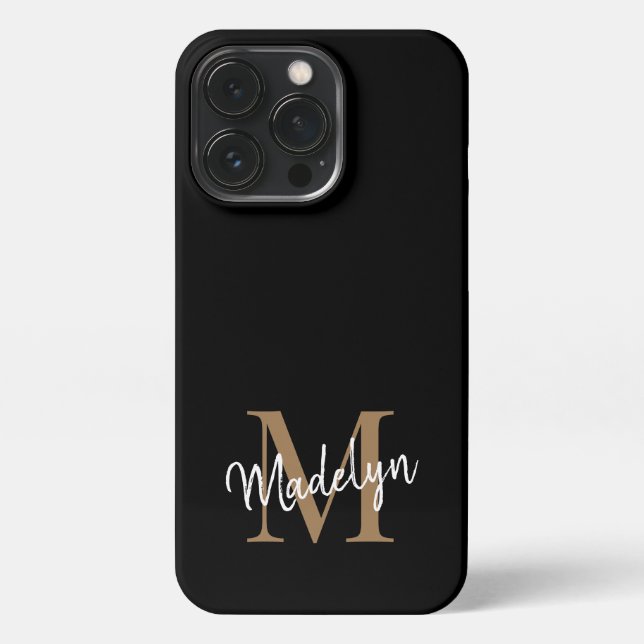 Modern Black Gold Monogram Feminine Script Name iPhone Case (Back)