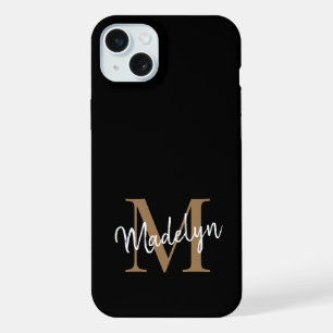 Modern Black Gold Monogram Feminine Script Name iPhone 15 Plus Case