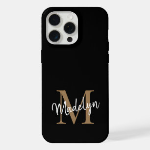 Modern Black Gold Monogram Feminine Script Name iPhone 15 Pro Max Case