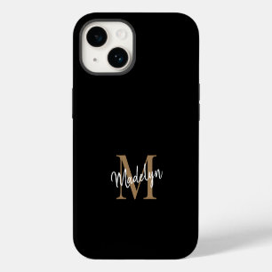 Modern Black Gold Monogram Feminine Script Name iPhone 14 Case