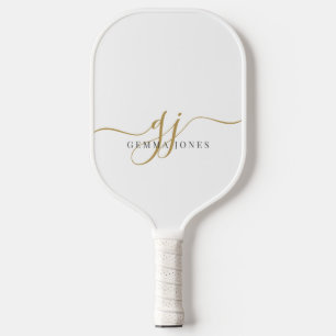 Modern Black Gold Monogram Feminine Script Name Pickleball Paddle
