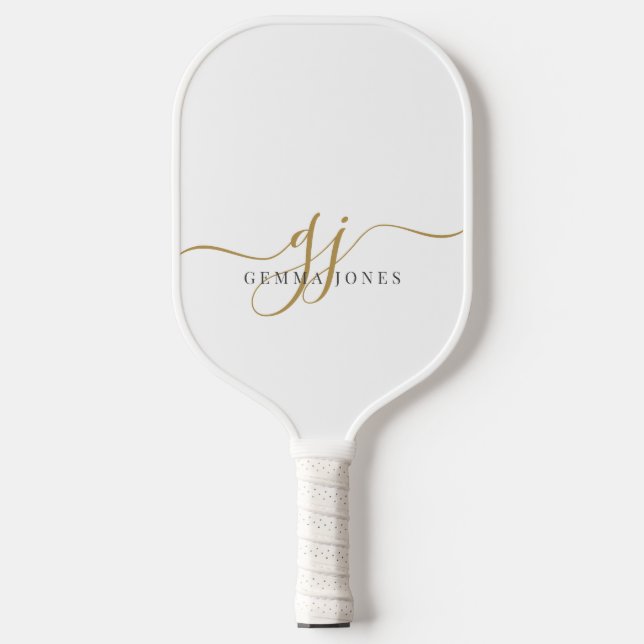 Modern Black Gold Monogram Feminine Script Name Pickleball Paddle (Front)