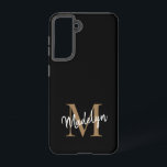 Modern Black Gold Monogram Feminine Script Name Samsung Galaxy Case<br><div class="desc">Modern Black Gold Monogram Feminine Script Name Phone Case. Easily personalise this modern elegant phone case with your custom monogram and name.</div>