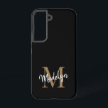 Modern Black Gold Monogram Feminine Script Name Samsung Galaxy Case<br><div class="desc">Modern Black Gold Monogram Feminine Script Name Phone Case. Easily personalise this modern elegant phone case with your custom monogram and name.</div>