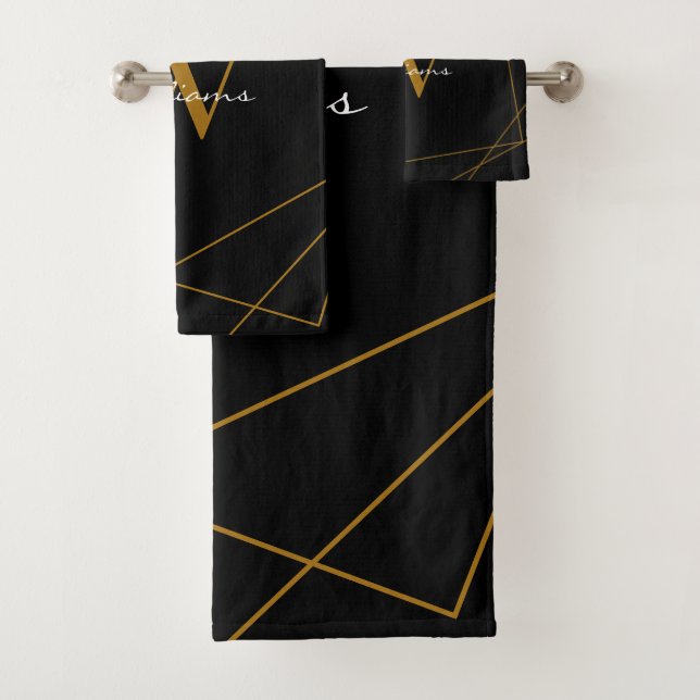 Modern Black Gold Monogram Geometric Name Script Bath Towel Set (Insitu)