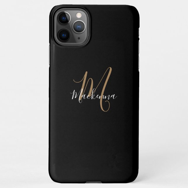 Modern Black Gold Monogram Girly Script Name Chic  iPhone Case (Back)
