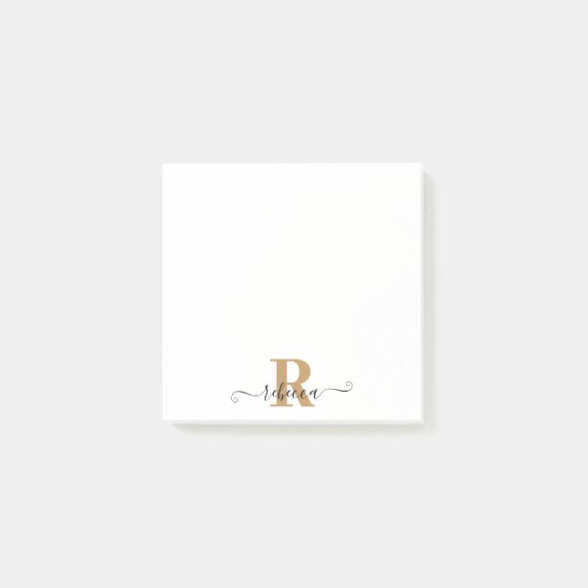 Modern Black Gold Monogram Hand Script Name Post-it Notes (Front)
