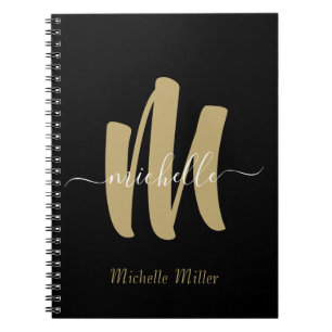 modern black gold monogram initial business name notebook