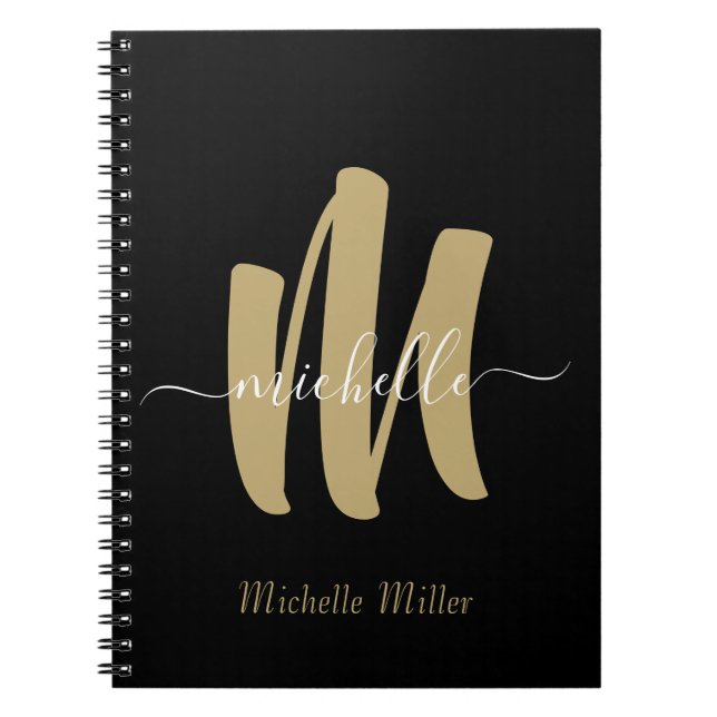 modern black gold monogram initial business name notebook (Front)