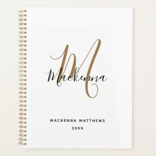 Modern Black Gold Monogram Initial Script Name Planner
