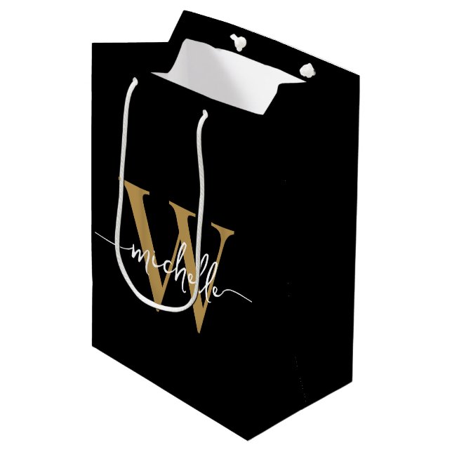Modern Black Gold Monogram Initial Stylish Script Medium Gift Bag (Front Angled)