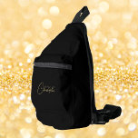 Modern Black Gold Monogram Mens Womens Kids Travel Sling Bag<br><div class="desc">Create your own custom, personalised, modern faux gold script / typography monogram monogrammed, durable Polyester Poplin, mens womens kids solid jet black biking hiking school college university student travel gym sports beach crossbody or over one shoulder tote sling bag, with rugged adjustable (27"-38") waist / crossbody strap with plastic swivel...</div>