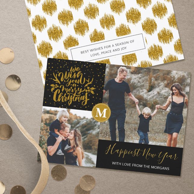Modern Black & Gold Monogram Merry Christmas Photo Holiday Card (Creator Uploaded)