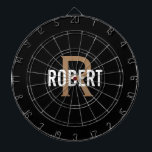 Modern black gold monogram name dartboard<br><div class="desc">Modern black dart board with a white name and gold monogram. Personalise with name and initial.</div>