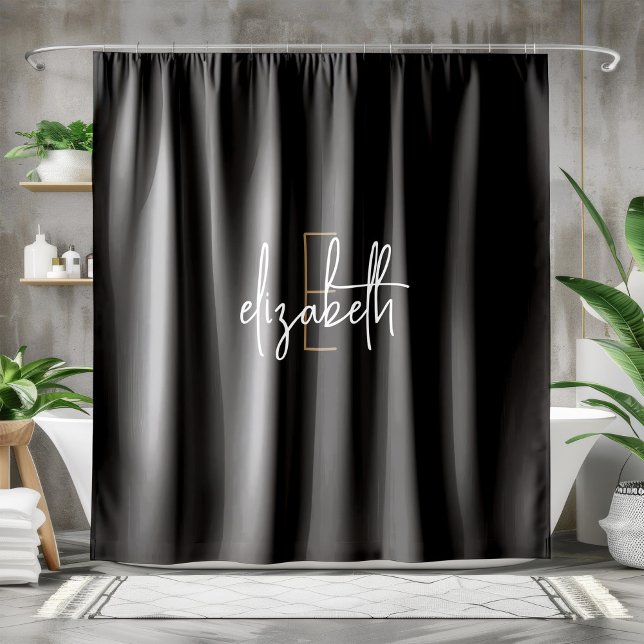 Modern Black Gold Monogram Personalised Shower Curtain (Creator Uploaded)