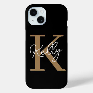 Modern Black Gold Monogram Script iPhone 15 Case