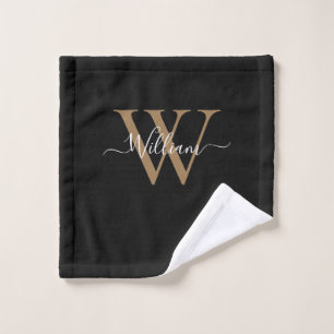 Modern black gold monogram script name bath towel set