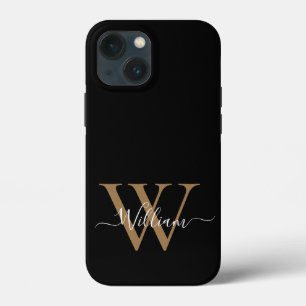 Modern black gold  monogram script name iPhone 13 mini case