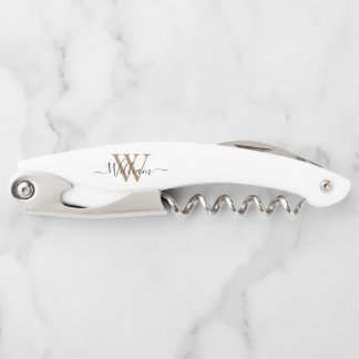Modern black gold monogram script name corkscrew
