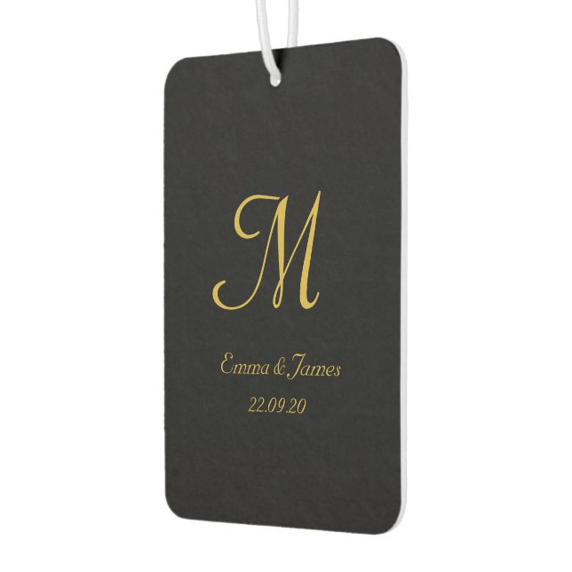 Modern Black & Gold Monogram Script Name Custom Car Air Freshener (Left)