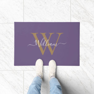 Modern black gold monogram script name doormat