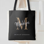 Modern Black Gold Monogram Script Name Initial Tote Bag<br><div class="desc">Modern Black Gold Monogram Script Name Initial Tote Bag.Easily personalise this modern elegant tote bag with your custom monogram and name.</div>