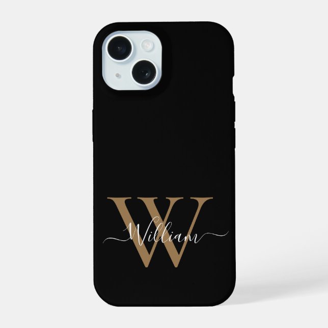 Modern black gold  monogram script name iPhone 15 case (Back)