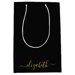 Modern black gold  monogram script name medium gift bag