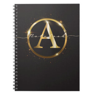 Modern Black Gold Monogram Script Name  Notebook