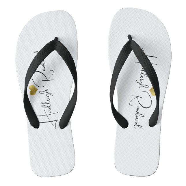Modern Black Gold Monogram Script Name Stylish Thongs (Footbed)