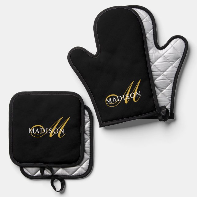 Modern Black Gold Monogram Script Oven Mitt & Pot Holder Set (Front/Back)