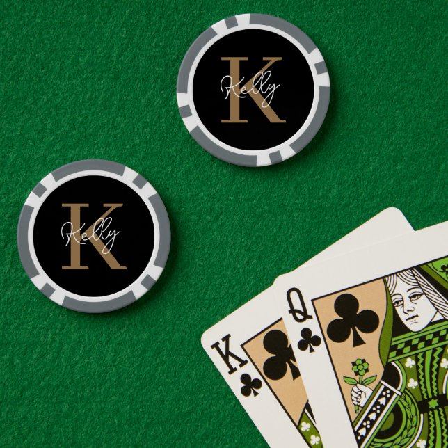 Modern Black Gold Monogram Script Poker Chips (Poker Table (Double))