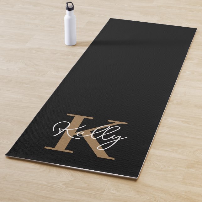 Modern Black Gold Monogram Script Yoga Mat (In Situ)