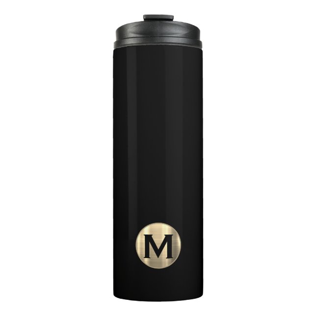 Modern Black Gold Monogram Thermal Tumbler (Front)