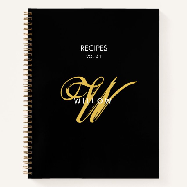 Modern Black & Gold Monogram Vintage Recipe Notebook (Front)