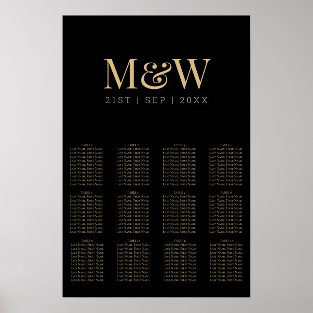 Modern Black Gold Monogram Wedding Seating Chart (Front)