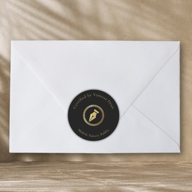 Modern Black & Gold Notary Pen Certified by Classic Round Sticker (Creator Uploaded)
